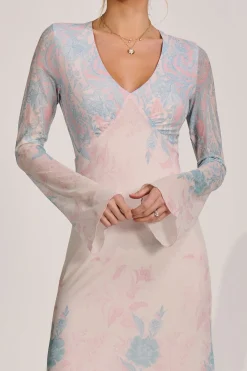 Long Sleeve Godet Mesh Maxi Dress, Blue Multi