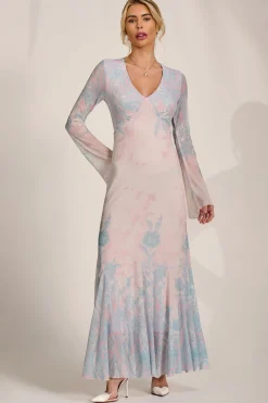 Long Sleeve Godet Mesh Maxi Dress, Blue Multi