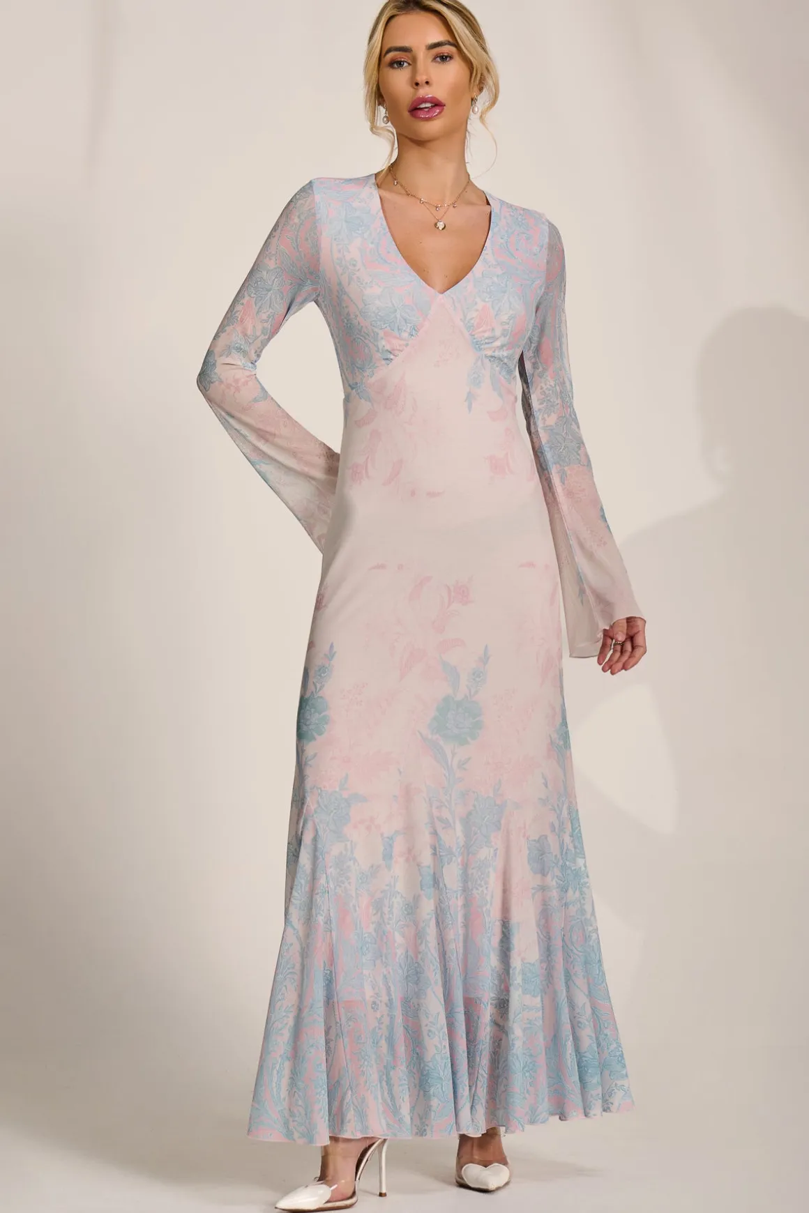 Long Sleeve Godet Mesh Maxi Dress, Blue Multi