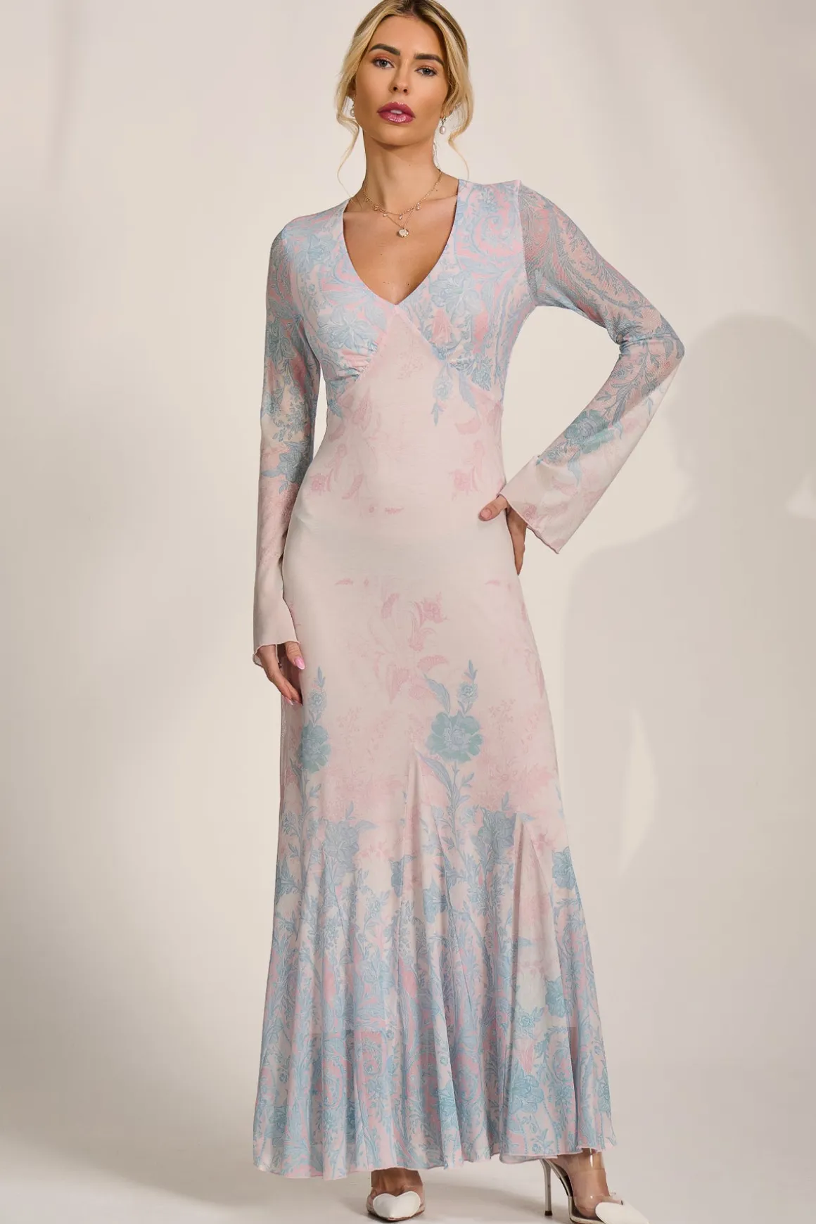 Long Sleeve Godet Mesh Maxi Dress, Blue Multi