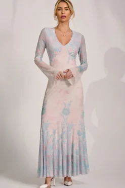 Long Sleeve Godet Mesh Maxi Dress, Blue Multi