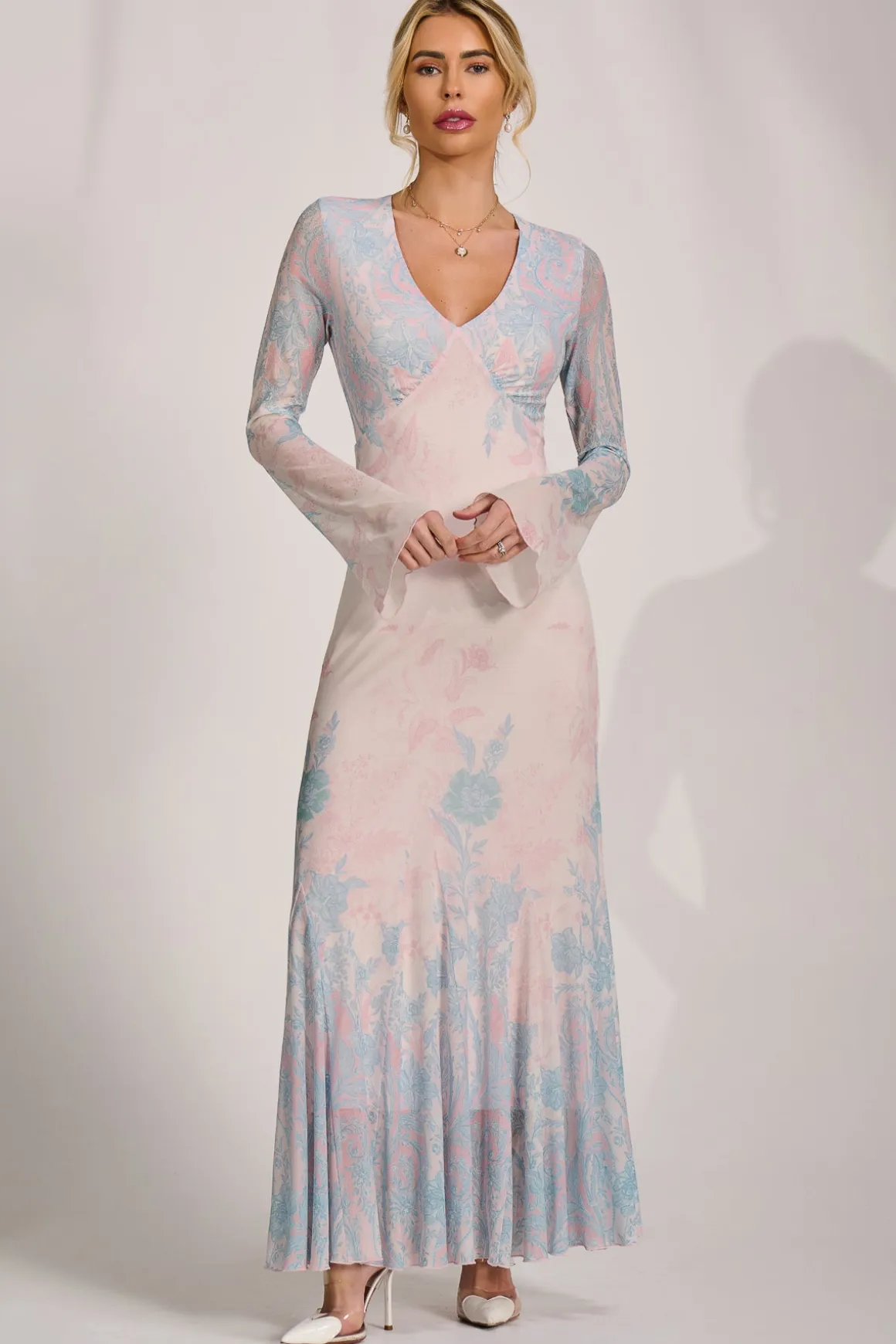 Long Sleeve Godet Mesh Maxi Dress, Blue Multi