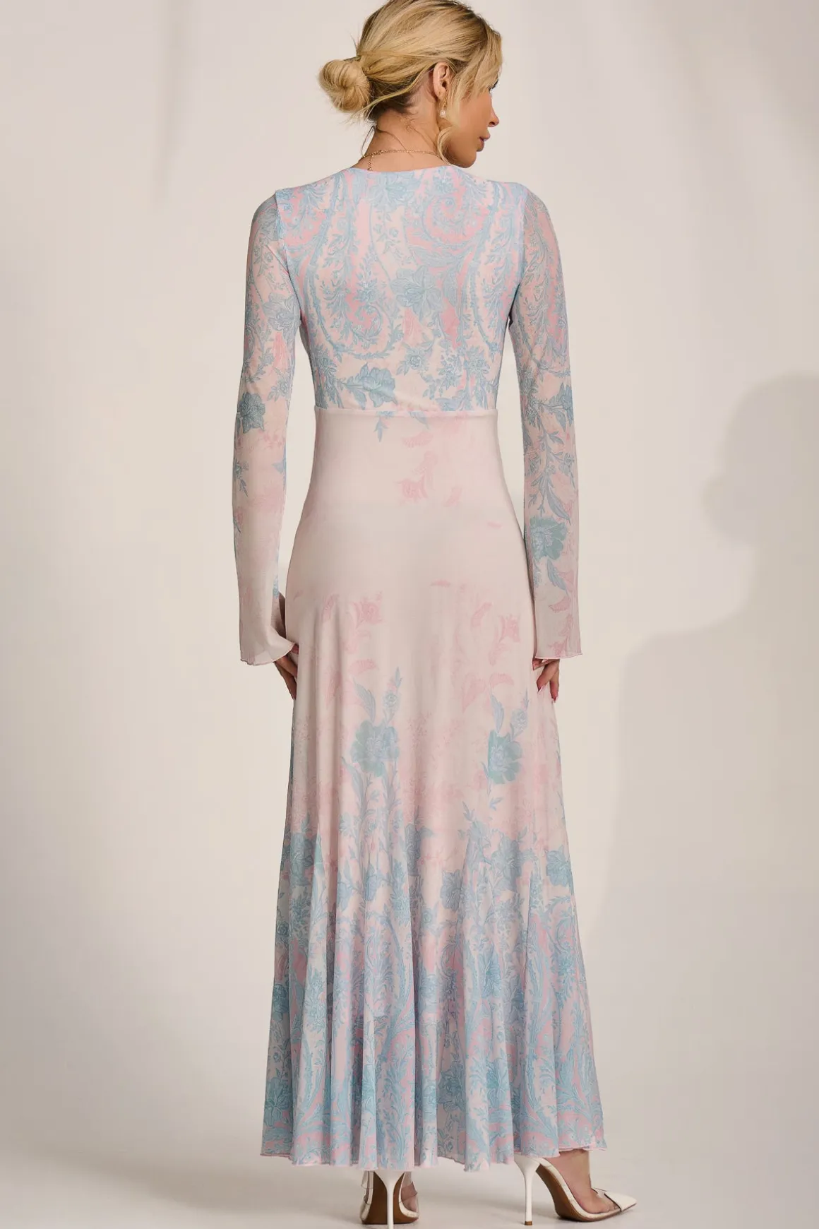 Long Sleeve Godet Mesh Maxi Dress, Blue Multi