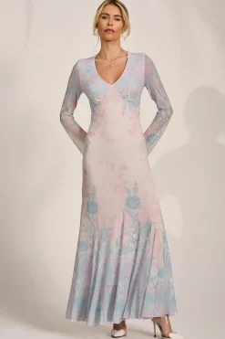 Long Sleeve Godet Mesh Maxi Dress, Blue Multi