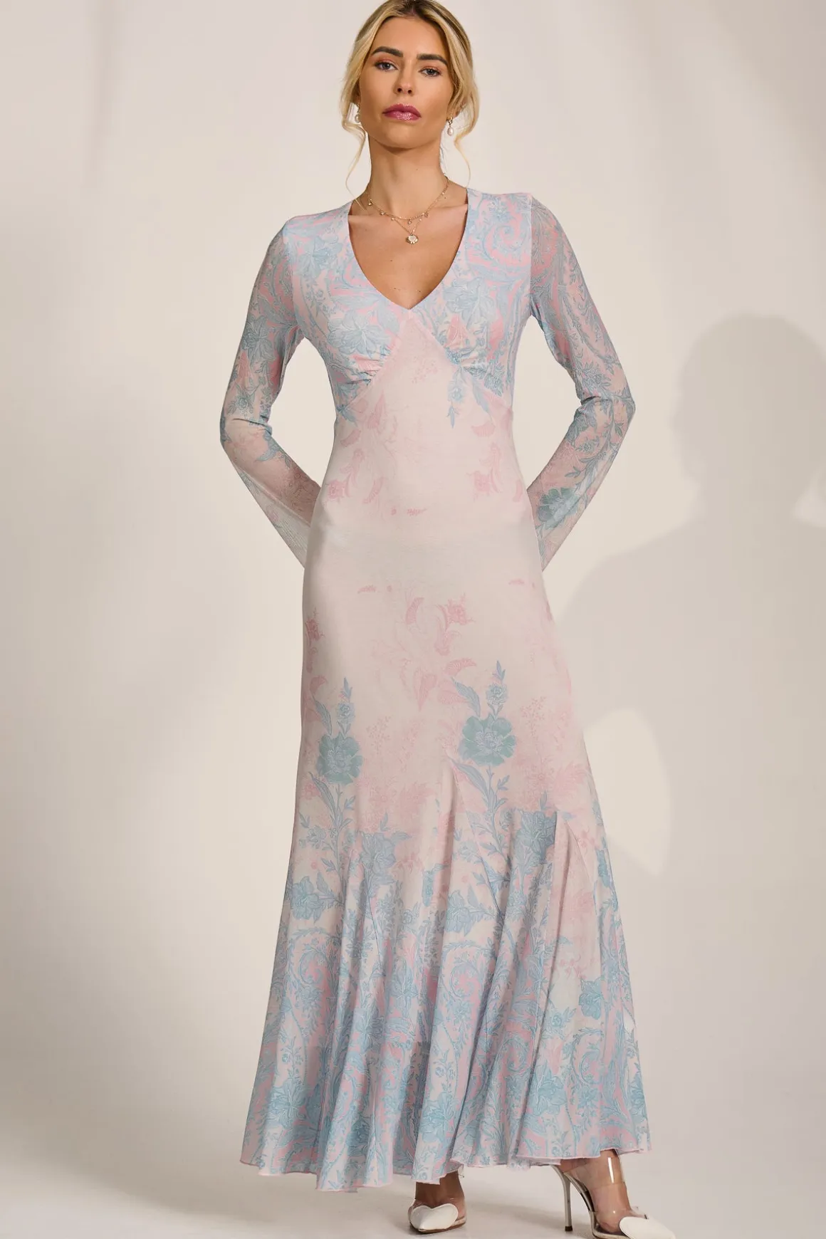 Long Sleeve Godet Mesh Maxi Dress, Blue Multi