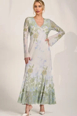 Long Sleeve Godet Mesh Maxi Dress, Green Multi