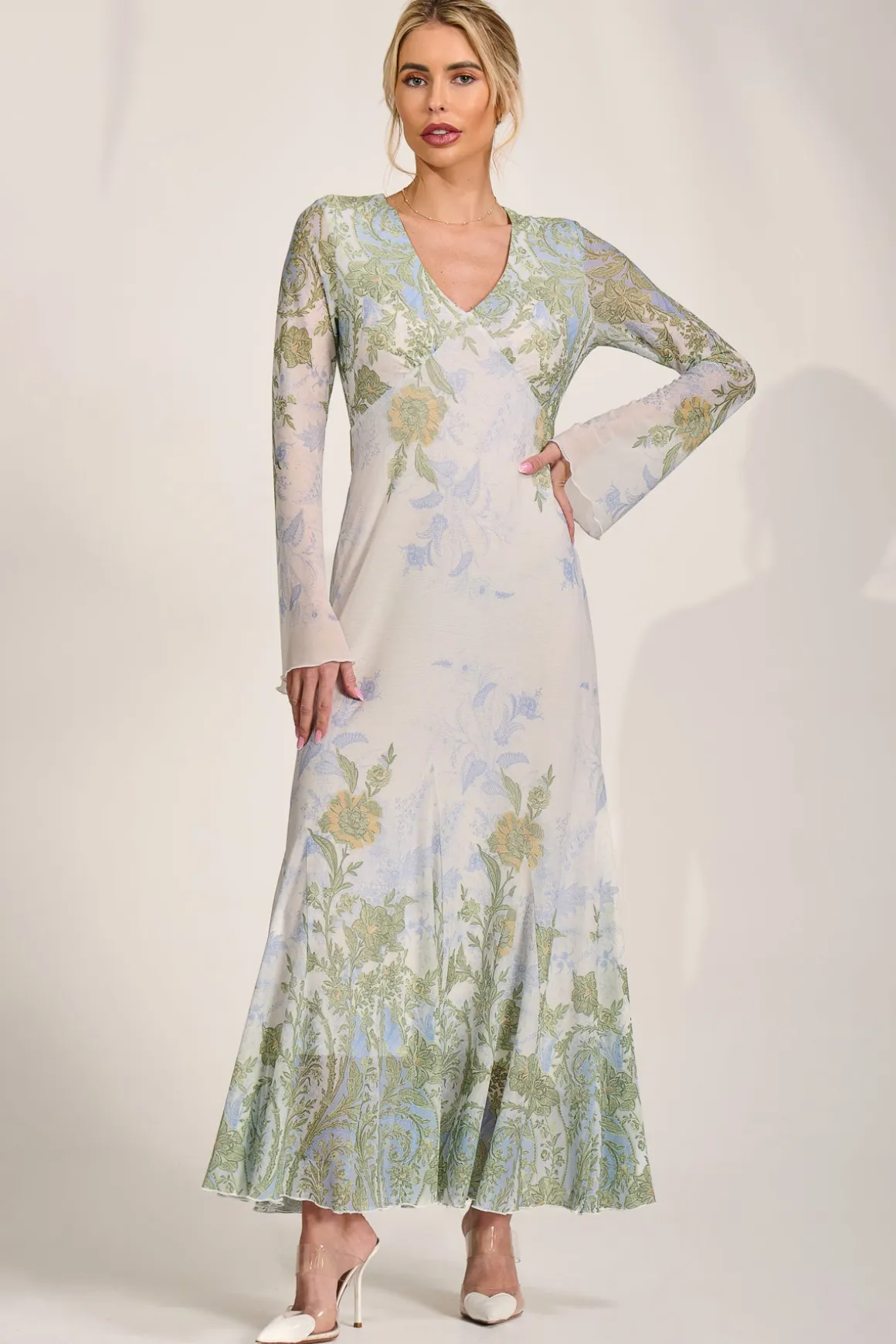 Long Sleeve Godet Mesh Maxi Dress, Green Multi