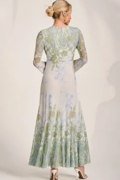 Long Sleeve Godet Mesh Maxi Dress, Green Multi