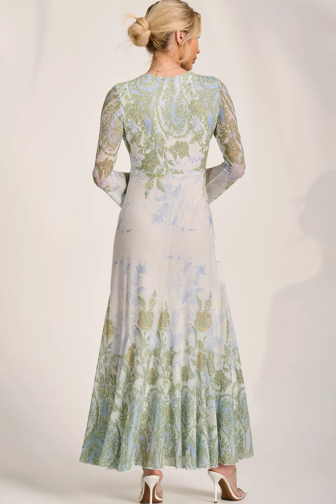 Long Sleeve Godet Mesh Maxi Dress, Green Multi