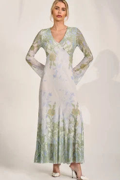 Long Sleeve Godet Mesh Maxi Dress, Green Multi
