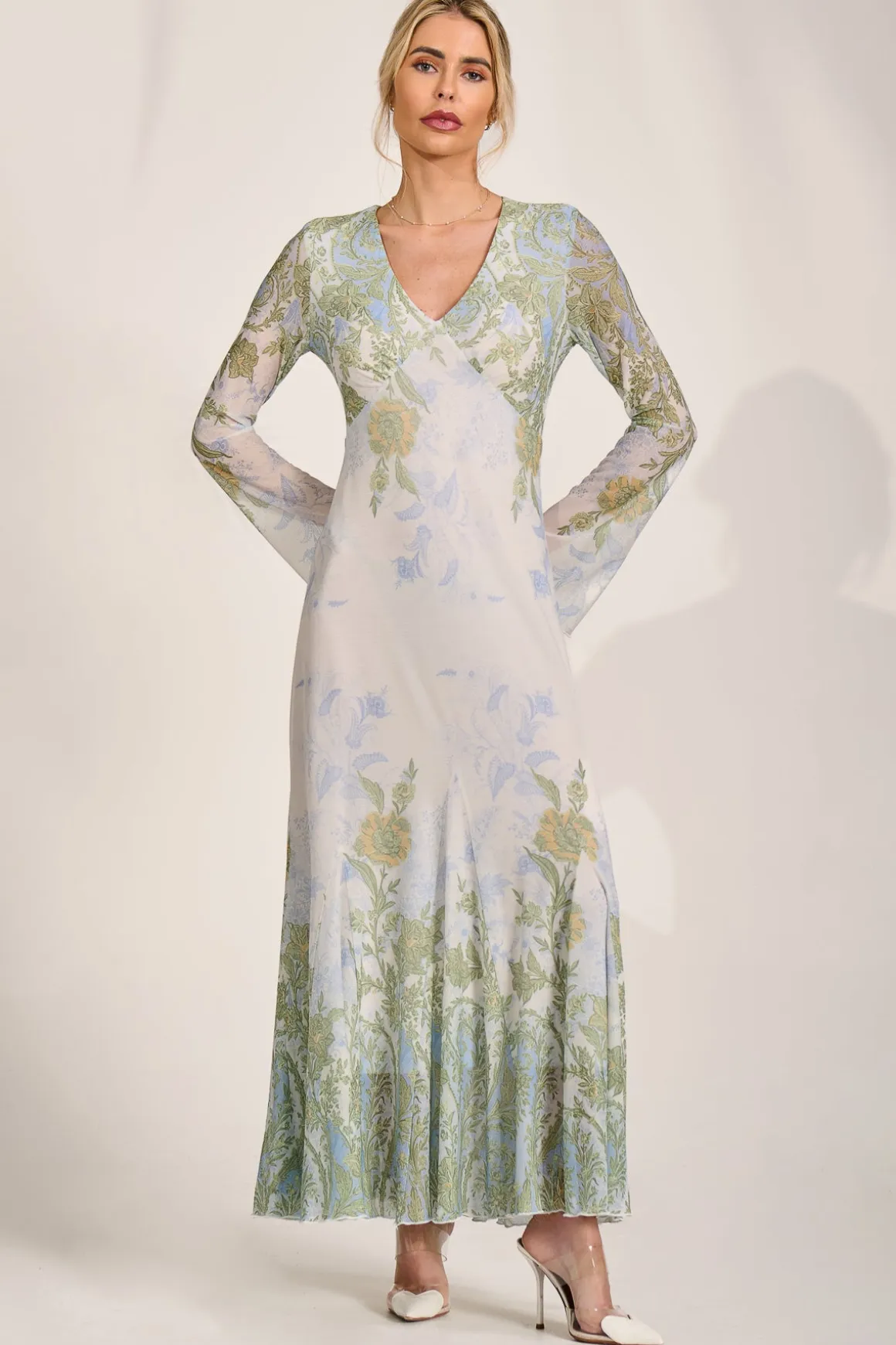 Long Sleeve Godet Mesh Maxi Dress, Green Multi