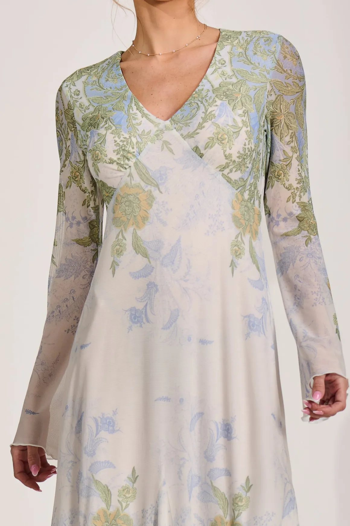 Long Sleeve Godet Mesh Maxi Dress, Green Multi