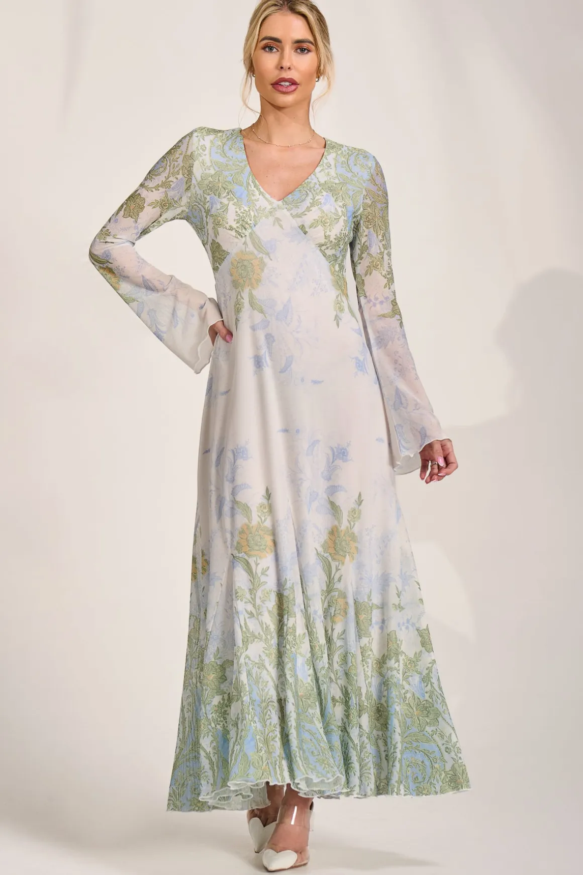 Long Sleeve Godet Mesh Maxi Dress, Green Multi