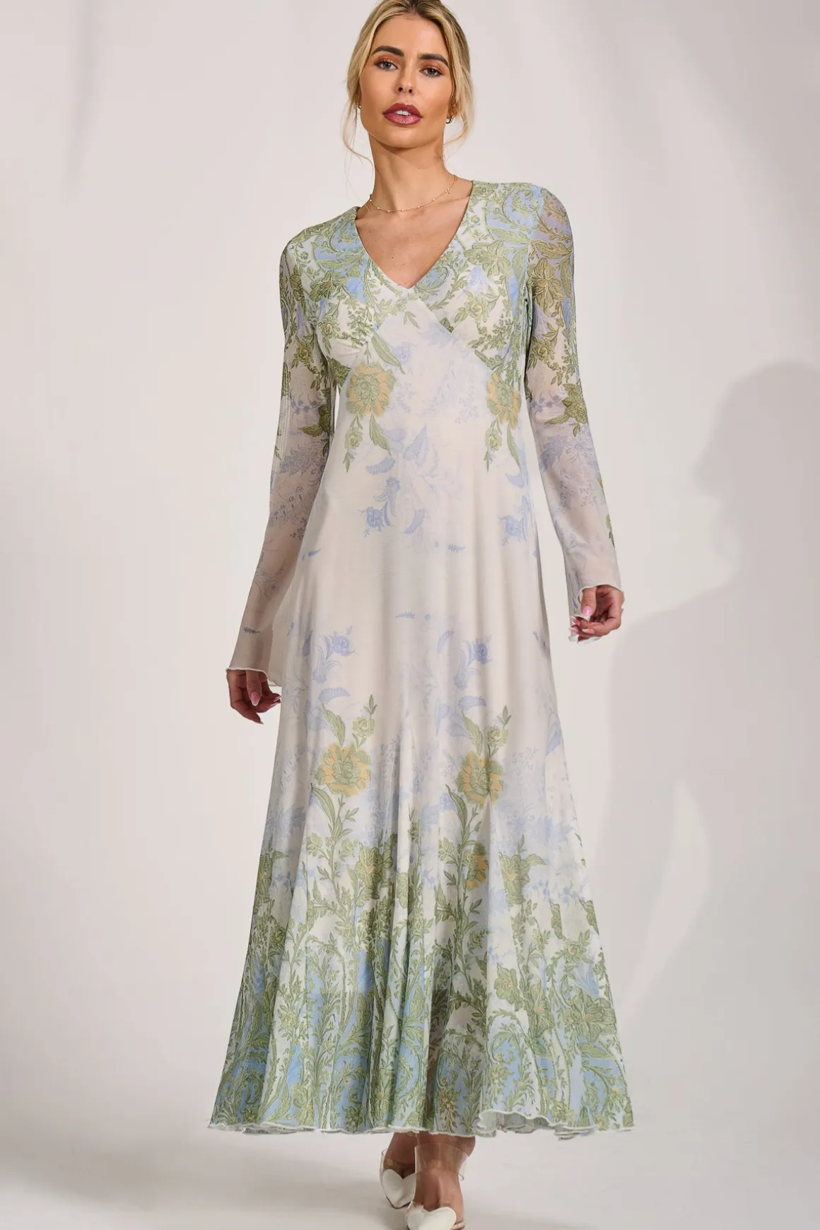 Long Sleeve Godet Mesh Maxi Dress, Green Multi