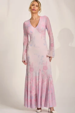 Long Sleeve Godet Mesh Maxi Dress, Pink Multi