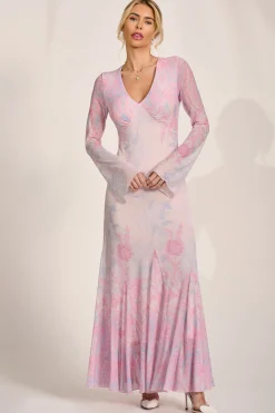 Long Sleeve Godet Mesh Maxi Dress, Pink Multi