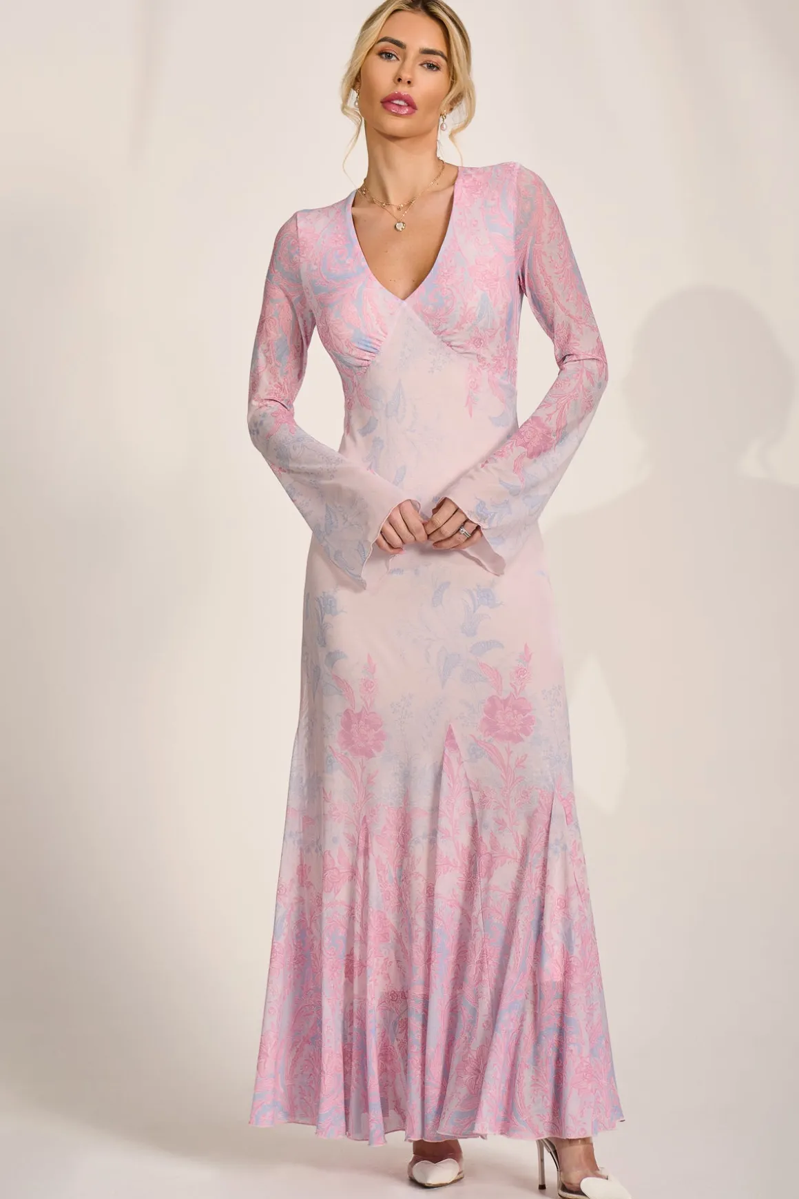 Long Sleeve Godet Mesh Maxi Dress, Pink Multi