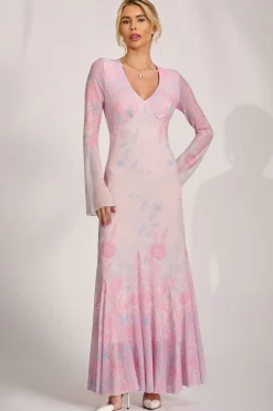 Long Sleeve Godet Mesh Maxi Dress, Pink Multi