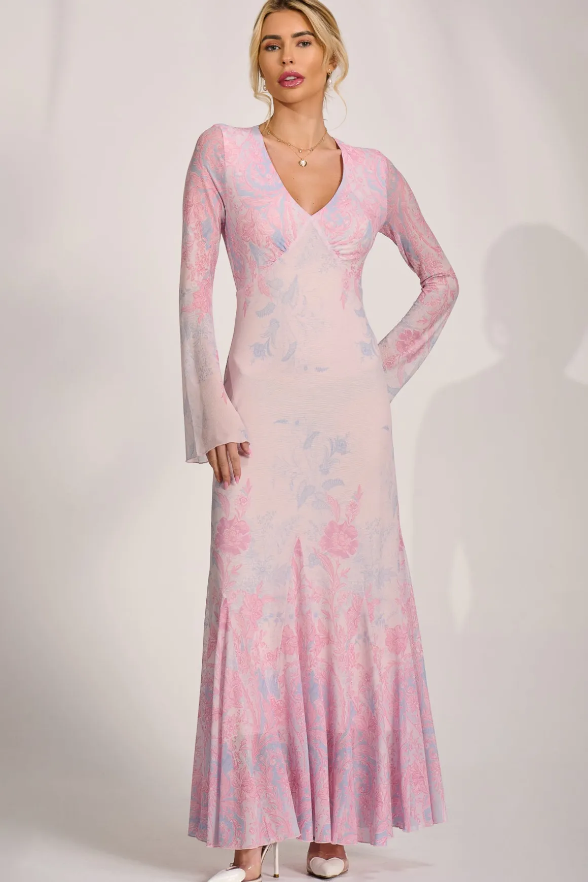 Long Sleeve Godet Mesh Maxi Dress, Pink Multi