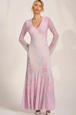 Long Sleeve Godet Mesh Maxi Dress, Pink Multi