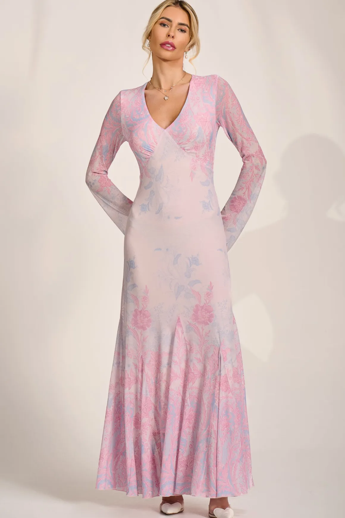 Long Sleeve Godet Mesh Maxi Dress, Pink Multi