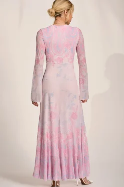 Long Sleeve Godet Mesh Maxi Dress, Pink Multi