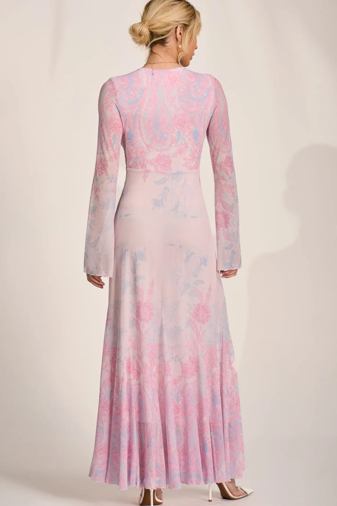 Long Sleeve Godet Mesh Maxi Dress, Pink Multi