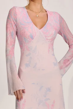 Long Sleeve Godet Mesh Maxi Dress, Pink Multi