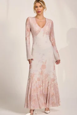 Long Sleeve Godet Mesh Maxi Dress, Taupe Multi