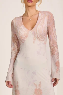 Long Sleeve Godet Mesh Maxi Dress, Taupe Multi