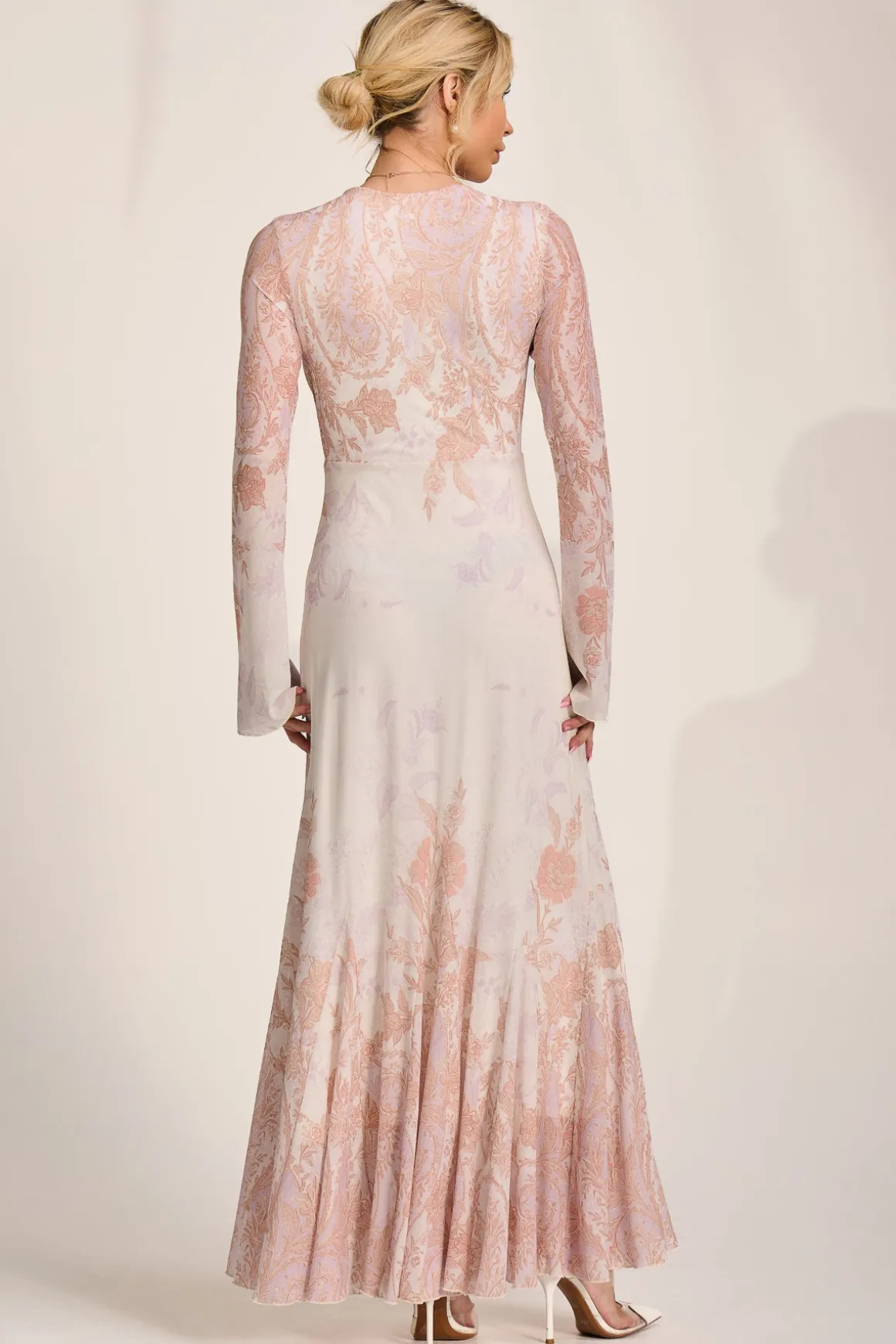 Long Sleeve Godet Mesh Maxi Dress, Taupe Multi