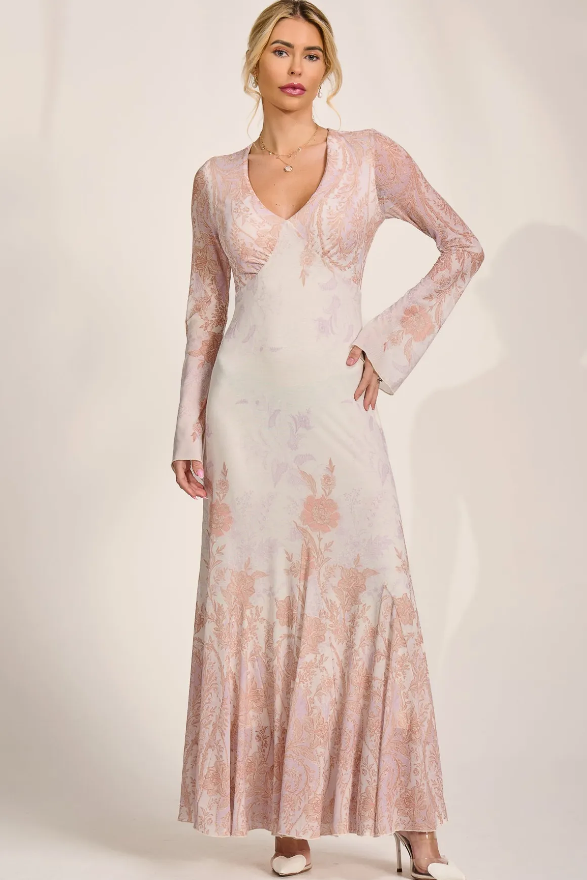 Long Sleeve Godet Mesh Maxi Dress, Taupe Multi