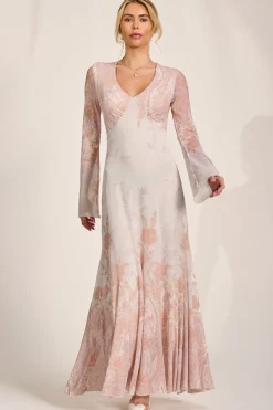Long Sleeve Godet Mesh Maxi Dress, Taupe Multi