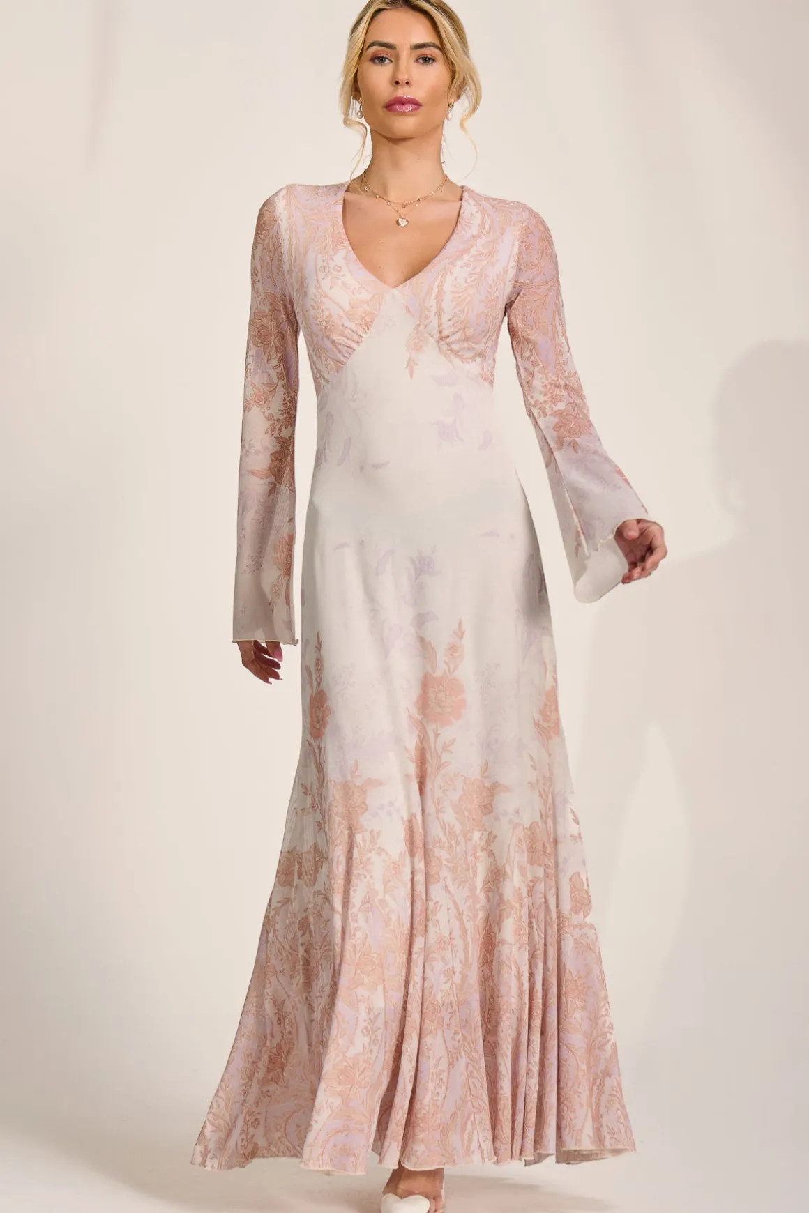 Long Sleeve Godet Mesh Maxi Dress, Taupe Multi