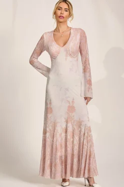 Long Sleeve Godet Mesh Maxi Dress, Taupe Multi