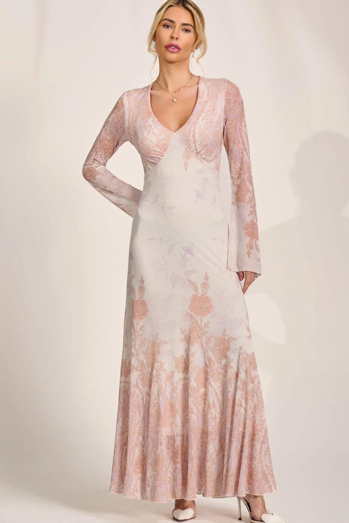 Long Sleeve Godet Mesh Maxi Dress, Taupe Multi