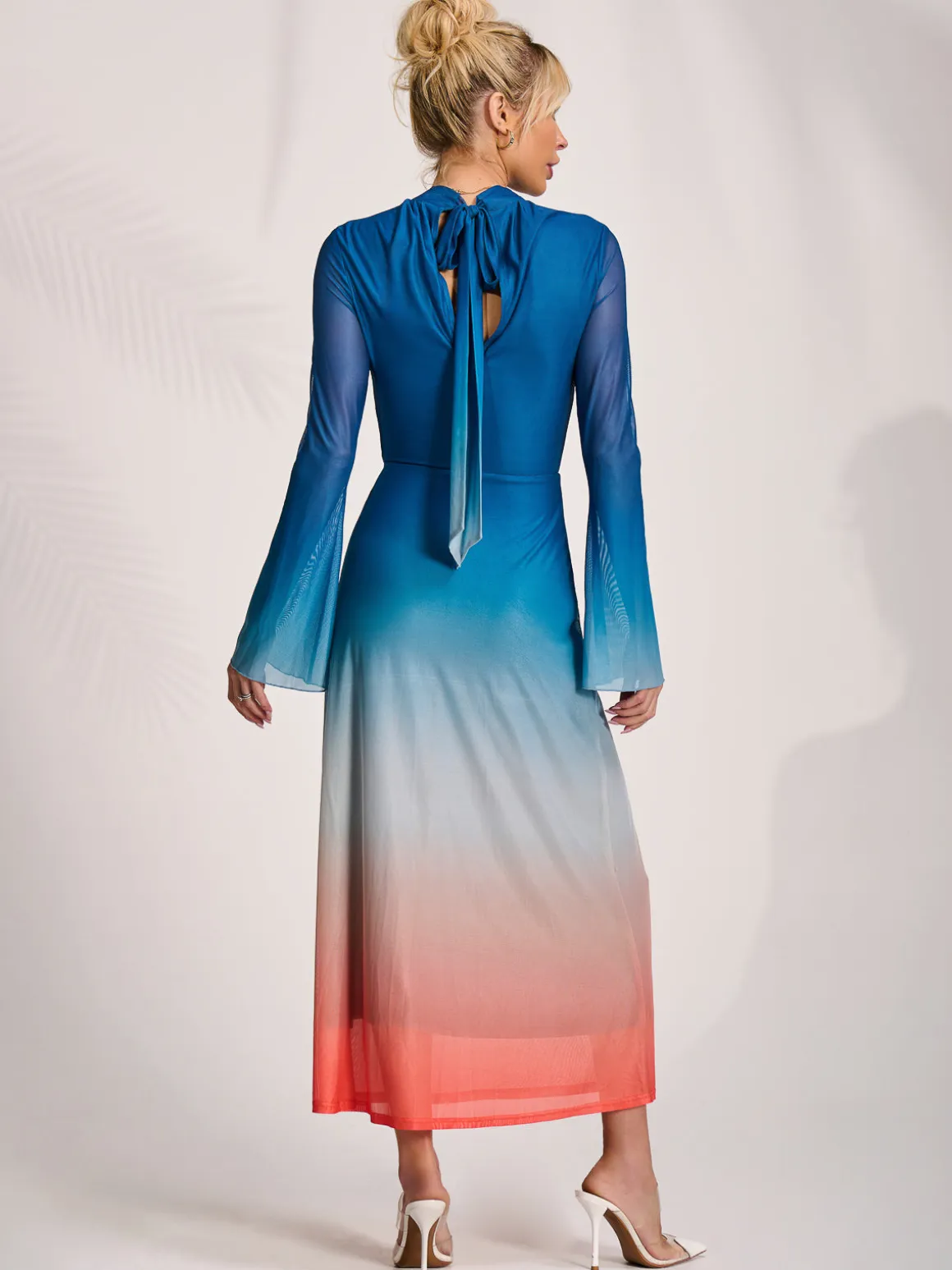 Long Sleeve High Neck Mesh Dress, Orange Multi