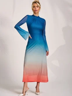 Long Sleeve High Neck Mesh Dress, Orange Multi