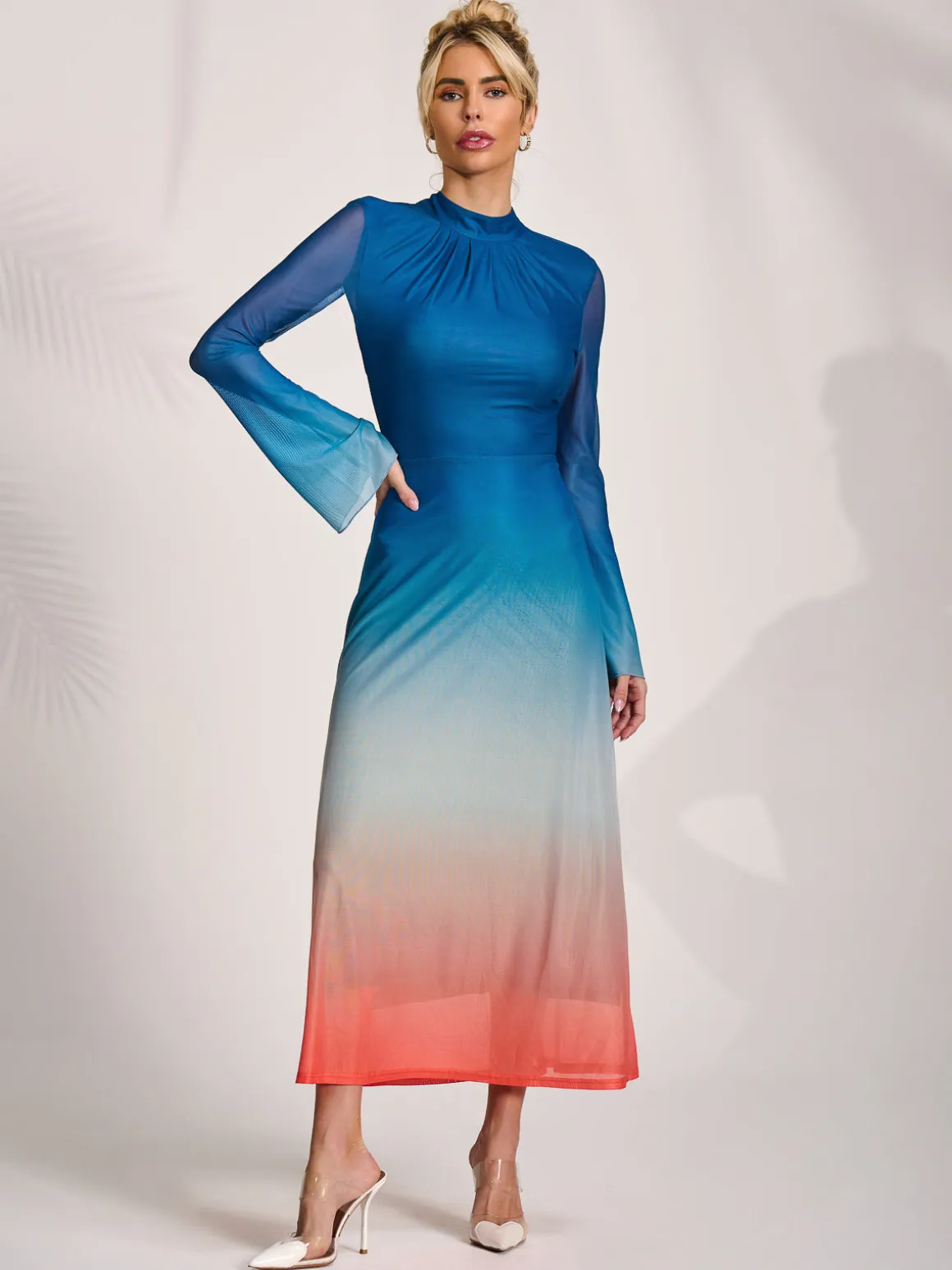 Long Sleeve High Neck Mesh Dress, Orange Multi
