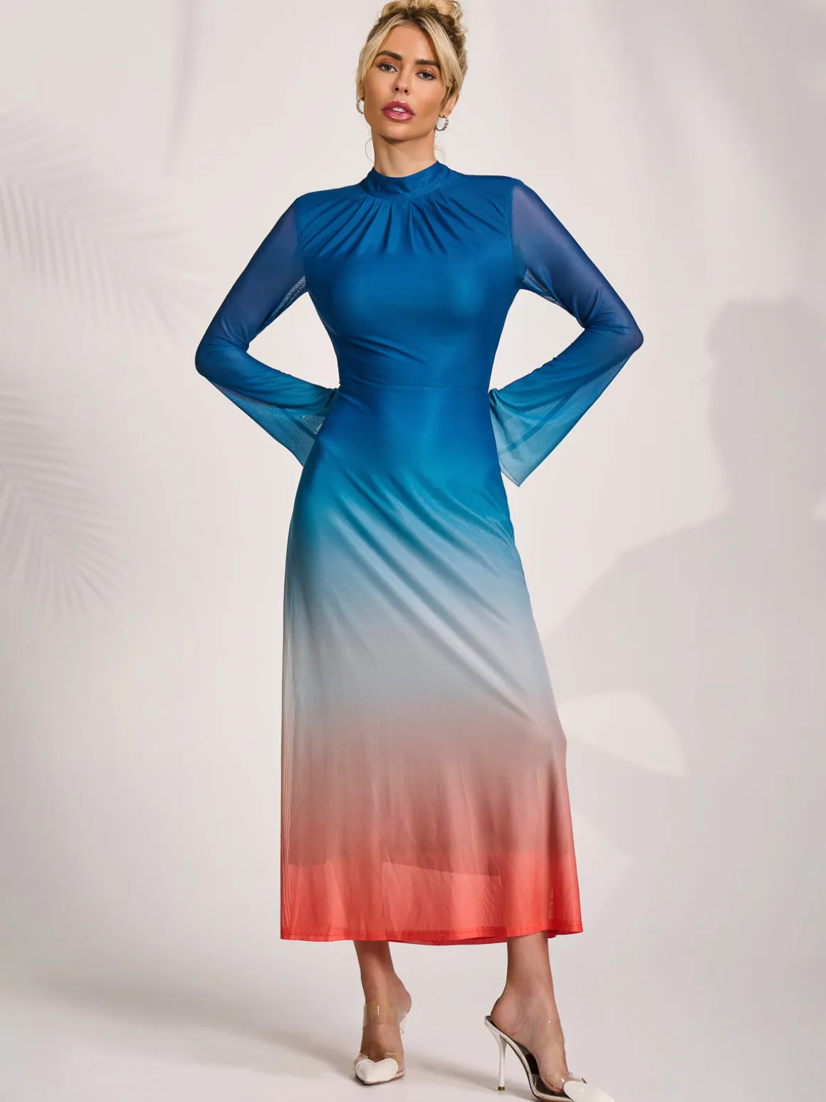 Long Sleeve High Neck Mesh Dress, Orange Multi