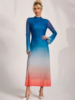 Long Sleeve High Neck Mesh Dress, Orange Multi
