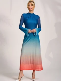 Long Sleeve High Neck Mesh Dress, Orange Multi