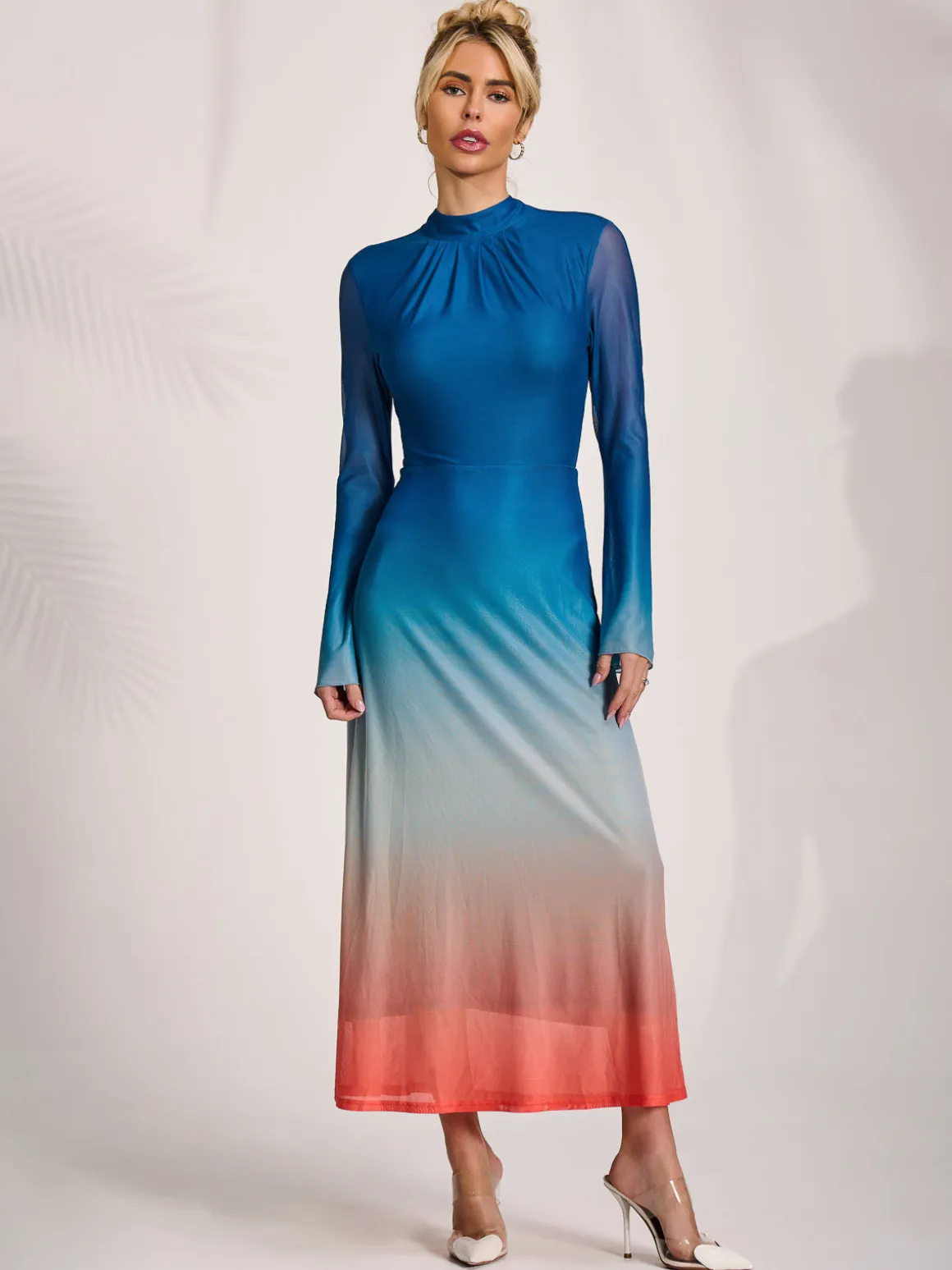 Long Sleeve High Neck Mesh Dress, Orange Multi