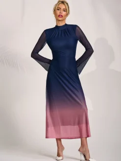 Long Sleeve High Neck Mesh Dress, Pink Multi