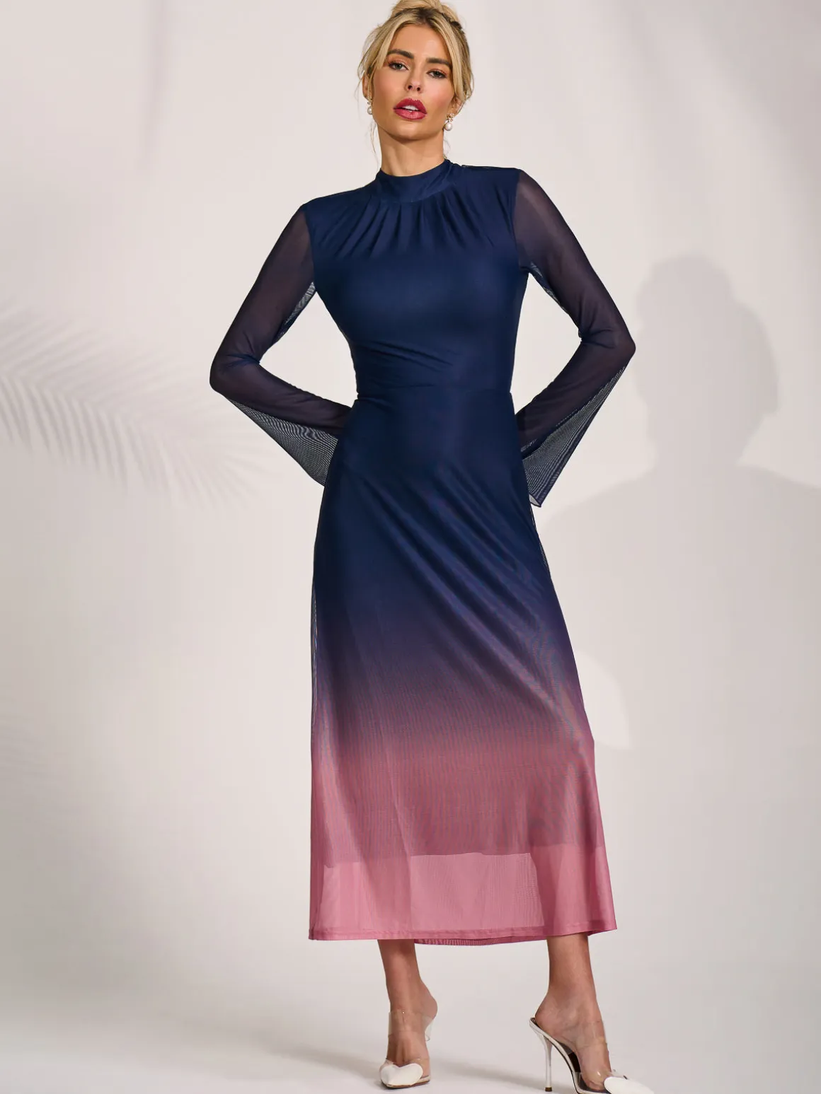 Long Sleeve High Neck Mesh Dress, Pink Multi
