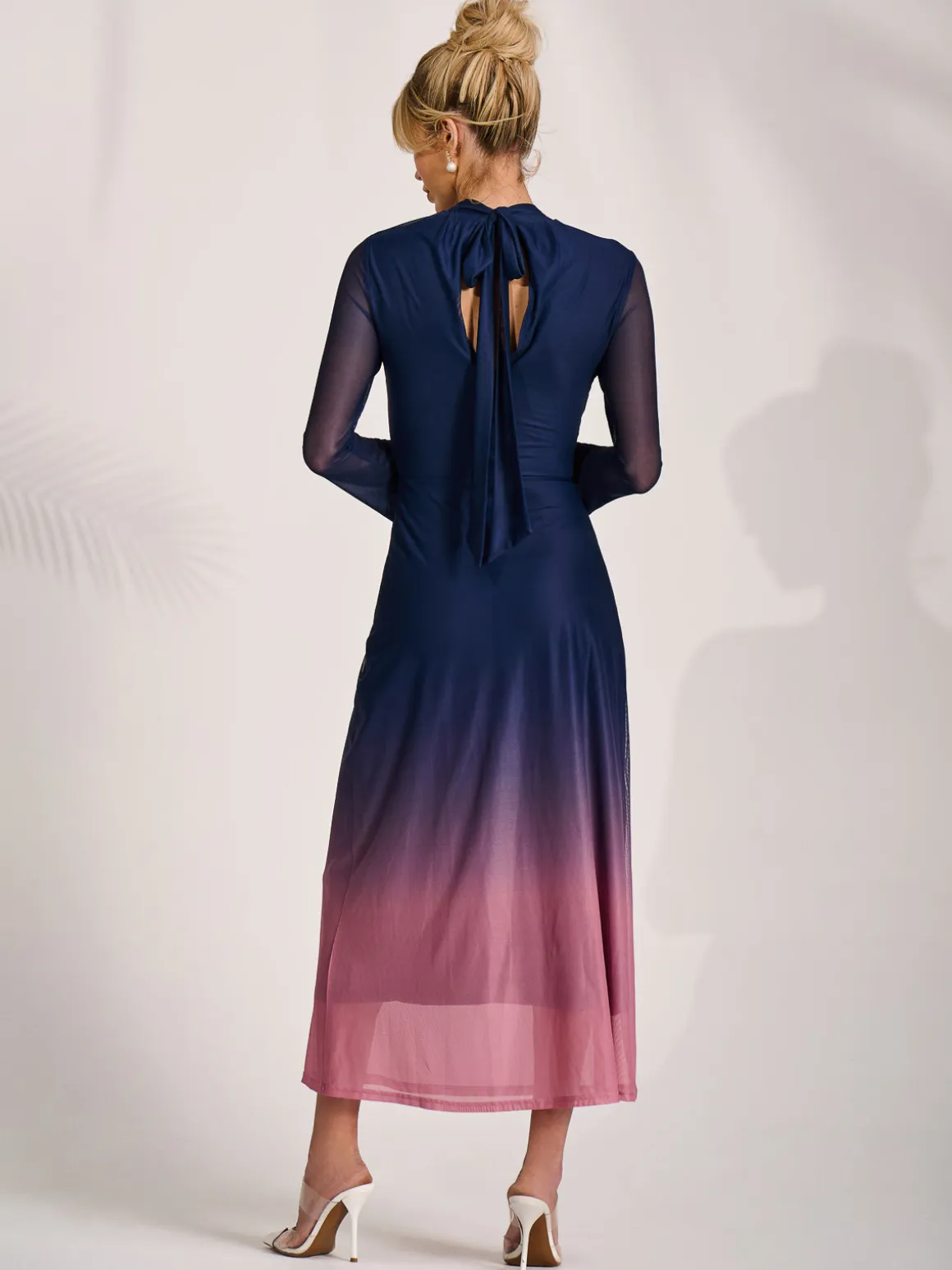 Long Sleeve High Neck Mesh Dress, Pink Multi