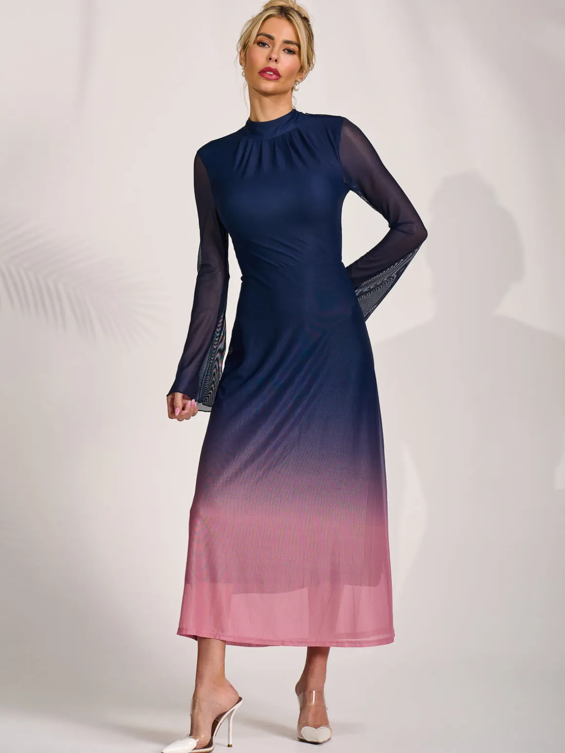 Long Sleeve High Neck Mesh Dress, Pink Multi