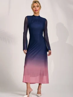 Long Sleeve High Neck Mesh Dress, Pink Multi