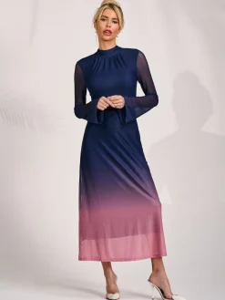 Long Sleeve High Neck Mesh Dress, Pink Multi