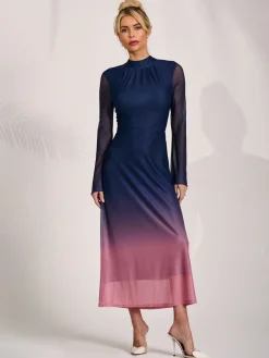 Long Sleeve High Neck Mesh Dress, Pink Multi